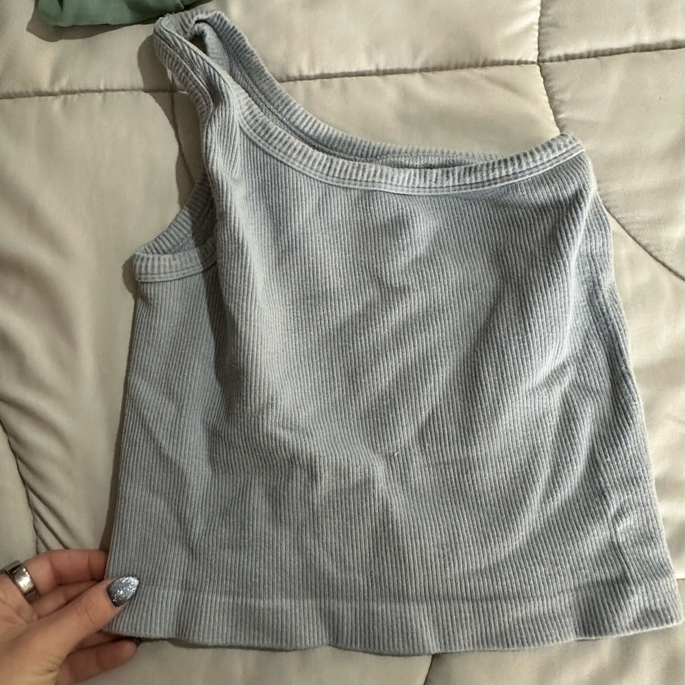 One-Shoulder Ribbed Women Top - light blue